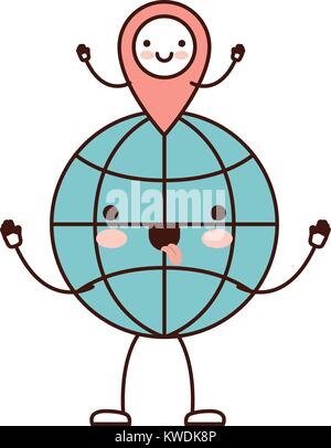 Kawaii animate Globo mondo e kawaii puntatore mappa sulla sommità in silhouette colorato Illustrazione Vettoriale