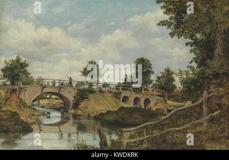 Un vecchio ponte a Hendon, MIDDLESEX, da Frederick Waters Watts, 1828, British pittura, olio su tela. Watt probabile presentavano questo lavoro presso la Royal Academy nel 1828. Si tratta di un molto dettagliata e pittoresco paesaggio popolato con figure e animali (BSLOC 2017 9 129) Foto Stock