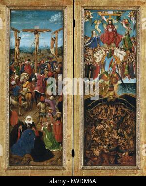 La crocifissione, l'ultimo giudizio di Jan van Eyck, 1440-41, nel nord della pittura rinascimentale. In questo capolavoro di arte rinascimentale, il naturalismo di un paesaggio sostituita la massa in oro della pittura italiana. Nel pannello di sinistra, Van Eyck raffigurata la crocifissione come sarebbe avvenuto nel suo contemporaneo del XV secolo il mondo (BSLOC 2017 16 106) Foto Stock