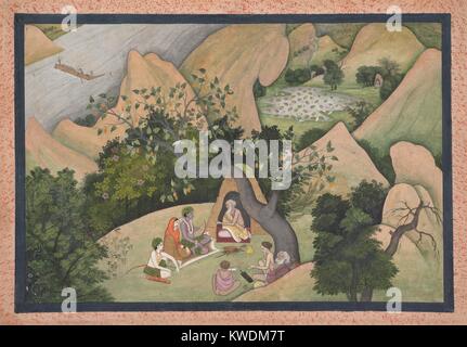 RAMA, SITA E LAKSHMANA PRESSO L'EREMO DI BHARADVAJA, Indù, pittura acquerello opaco. La salvia Bharadvaja, un riverito vedica Arya salvia è seduto nel suo deserto rifugio forestale e consiglia Rama, Sita e Lakshmana (BSLOC 2017 16 22) Foto Stock