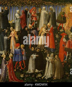 PARADISE, di Giovanni di Paolo, 1445, pittura rinascimentale italiana, tempera su legno. Santi e Angeli abbraccio nel giardino del paradiso. Persone provenienti da molti sentieri della vita sono raggruppati in coppie di intimo (BSLOC 2017 16 59) Foto Stock