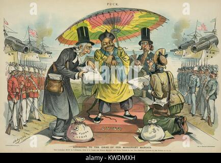 1895 cartoon politico mostra inglesi e americani missionari la predicazione di un uomo cinese. Essi sono affiancati da uomini e navi della Royal e US marine militari. Il titolo recita, secondo le idee del nostro missionario maniaci, Chinaman deve essere convertito, anche se si prende tutto il militare e le forze navali delle due nazioni più grandi del mondo per farlo (BSLOC 2017 20 1) Foto Stock