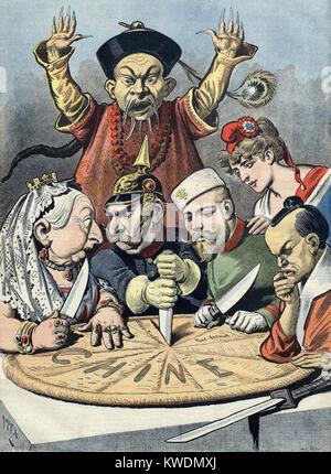 1898 politica francese cartoon mostra gli europei carving fino in Cina. Dietro di loro un agitato Mandarin è impotente a fermarli. L-R: Queen Victoria, il Kaiser Guglielmo II, lo Zar Nicola II, e un samurai giapponese di ritagliarsi la torta cinese come francese simbolo nazionale, Marianne orologi (BSLOC 2017 20 10) Foto Stock