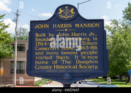 Marcatore turistici al di fuori del John Harris Mansion di Harrisburg, Pennsylvania, Stati Uniti. Foto Stock