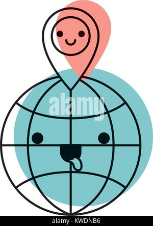 Kawaii Globo mondo e kawaii puntatore mappa sulla sommità in silhouette ad acquerello Illustrazione Vettoriale