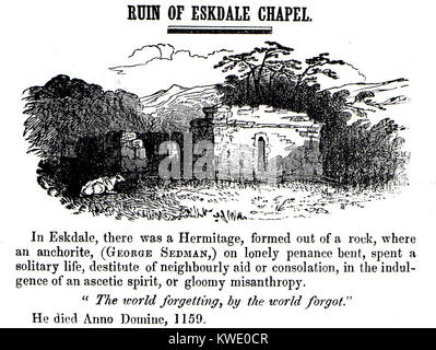 Eskdale Cappella Eremo, Eskdale tra Sleights e Aislaby villaggi,. Whitby, North Yorkshire, Inghilterra. da un vecchio stampato incisione - legati da alcuni a Whitby Horngarth o Penny Hedge cerimonia annuale via (Caedmon - Cedman - Sedman nome) e Whitby Abbey - Da una incisione Vittoriano Foto Stock