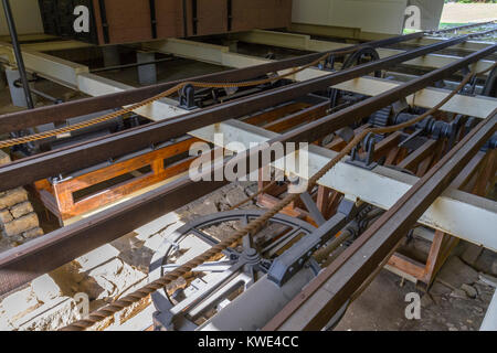 Casa del motore 6 con un meccanismo di sollevamento, Allegheny Portage Railroad National Historic Site, Blair county, Pennsylvania, Stati Uniti. Foto Stock