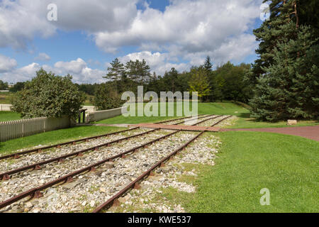 Summit di binari ferroviari vicino alla casa di limone, Allegheny Portage Railroad National Historic Site, Blair county, Pennsylvania, Stati Uniti. Foto Stock