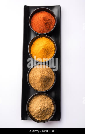 Indian spezie colorate. Foto di gruppo dei quattro principali spezie indiane come raw peperoncino rosso, curcuma, coriandolo e cumino in polvere. Il fuoco selettivo Foto Stock