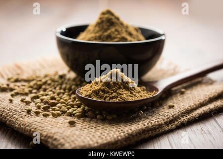 Indian Spice coriandolo in polvere heap, il fuoco selettivo Foto Stock