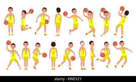 La Pallacanestro Maschile vettore di giocatore. Giallo uniforme. Giocando con una palla. Uno stile di vita sano. Azione per il Team di adesivi. Personaggio dei fumetti illustrazione Illustrazione Vettoriale