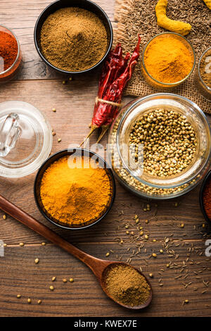 Indian spezie colorate. Foto di gruppo dei quattro principali spezie indiane come raw peperoncino rosso, curcuma, coriandolo e cumino in polvere. Il fuoco selettivo Foto Stock