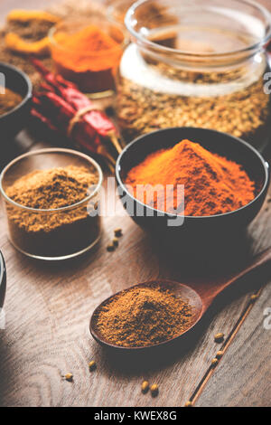 Indian spezie colorate. Foto di gruppo dei quattro principali spezie indiane come raw peperoncino rosso, curcuma, coriandolo e cumino in polvere. Il fuoco selettivo Foto Stock