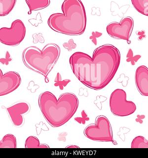 Doodle cuori diversi pattern di forma. L'amore il giorno di San Valentino senza saldatura greeting card sfondo. Illustrazione Vettoriale