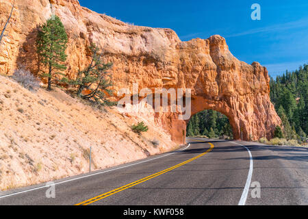 Arch tunnel attraverso il rock lungo la panoramica strada statale 12 vicino al Red Canyon. Utah Foto Stock