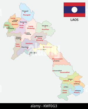 Laos politica e amministrativa di mappa vettoriale con bandiera Illustrazione Vettoriale