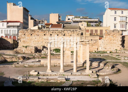 Resti di edifici della libreria nel centro di Atene, Grecia Foto Stock