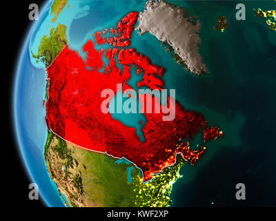 Serata durante il Canada come visto dallo spazio sul pianeta Terra con visibili le linee di confine e luci della citta'. 3D'illustrazione. Gli elementi di questa immagine fornita da Foto Stock