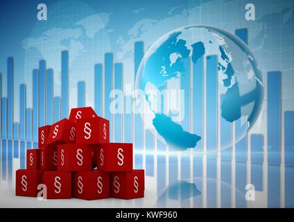 Icone di simboli di sezione 3D con mappa del mondo e grafici a barre Foto Stock