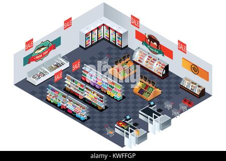 Una illustrazione vettoriale di supermercato negozio di alimentari in vista isometrica Illustrazione Vettoriale