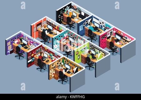 Una illustrazione vettoriale di Business Office cubicoli in vista isometrica Illustrazione Vettoriale