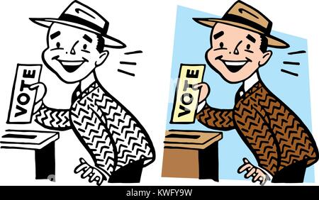 Un uomo getta il suo voto mettendo il suo voto in una scatola. Illustrazione Vettoriale