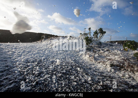 Anglesey, Galles, 3 gennaio 2018. Regno Unito Meteo. Un grave Met Office avvertimento è stato rilasciato per la quinta tempesta della stagione nel Regno Unito denominato Storm Eleonora. Con un aumento del rischio a causa della corrente stato di luna e maree alte flood avvertenze sono in posizione per molte aree lungo con gales venti della forza di probabilità di causare danni. Onde enormi e si snoda in crash Trearddur Bay su Anglesey nel Galles del Nord la creazione di schiuma di mare © DGDImages/Alamy Live News Foto Stock