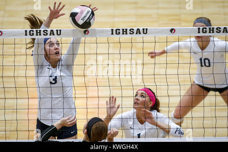 Cedar Rapids, Iowa, USA. Decimo Nov, 2016. Hudson's Lauren Murray (3) rende un blocco durante la Hudson vs Springville, Classe 1una semifinale-round membro pallavolo azione giocata Giovedì, nov. 10, 2016 all'US Cellular Center in Cedar Rapids, Iowa. Credito: Andy Abeyta/Quad-City volte/Quad-City volte/ZUMA filo/Alamy Live News Foto Stock