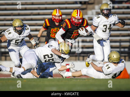 Isola di roccia, Iowa, USA. Xii Nov, 2016. Isola di roccia quarterback Alek Jacobs (2) è portato giù Heart-Griffin sacra di Joey Milbrandt (25) durante il primo trimestre del loro 6A quarterfinal gioco a Isola di roccia alta scuola Sabato 12 Novembre, 2016. Isola di roccia è scesa al Sacro Heart-Griffin, 56-13. Credito: Andy Abeyta/Quad-City volte/ZUMA filo/Alamy Live News Foto Stock