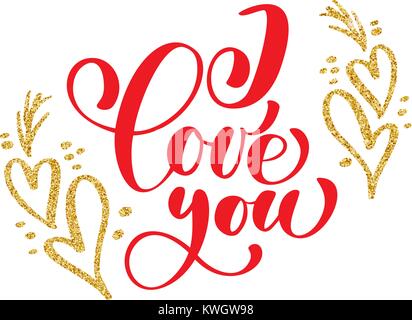 Scritto a mano iscrizione ti amo sullo sfondo del cuore d'oro, il vettore il giorno di San Valentino di modelli di schede Illustrazione Vettoriale