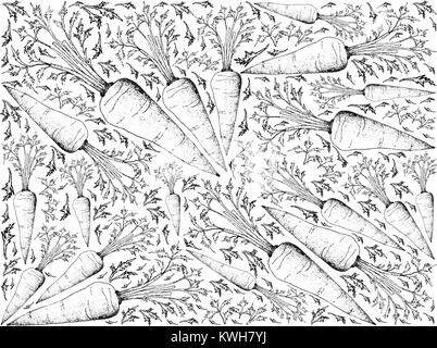 Radici tuberose e verdure, Illustrazione disegnata a mano schizzo di succo di arancia carota con foglie isolati su sfondo bianco Illustrazione Vettoriale