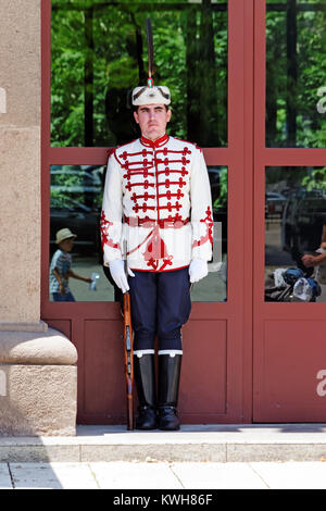 Sofia, Bulgaria - Luglio 04, 2017: guardsman cerimoniale al di fuori del palazzo della Presidenza della Repubblica di Bulgaria a Sofia Foto Stock