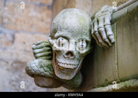 La scultura contemporanea di un serpente dotato di mani umane e il cranio completo con una moneta d'oro tra i suoi denti e £ segno occhi alla Cattedrale di Lincoln Foto Stock