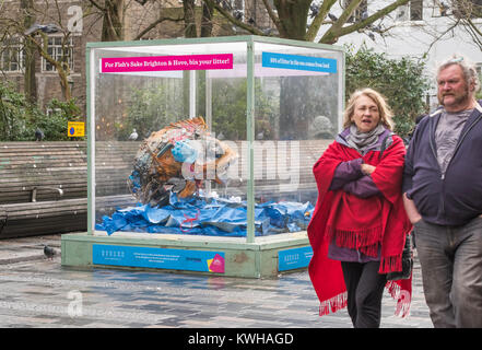 Un pesce realizzato da rifiuti raccolti dalla spiaggia di Brighton e Hove, sul display in Brighton, East Sussex, Inghilterra, Regno Unito. Foto Stock