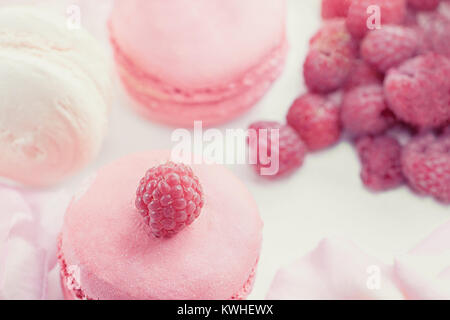 Rosa lampone amaretti con lamponi maturi. Messa a fuoco selettiva. Il dessert close-up Foto Stock