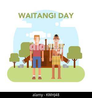 Illustrazione della Nuova Zelanda abitante nativo Maori con un Europian sulla tradizionale Maori s house background. Nuova Zelanda Waitangi giorno argomento. Illustrazione Vettoriale