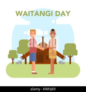 Illustrazione della Nuova Zelanda abitante nativo Maori con un Europian sulla tradizionale Maori s house background. Nuova Zelanda Waitangi giorno argomento. Illustrazione Vettoriale