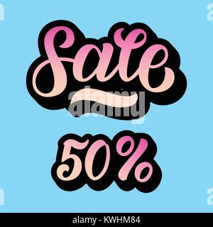 Una vendita di sconto impostato con 50 percentuali e volume 3D . Vendita scritte su sfondo blu. Illustrazione Vettoriale. Mano letterati calligrafia di gradiente per logo, banner, Etichette, scudetti, stampe poster, web Illustrazione Vettoriale