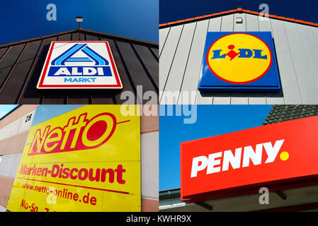 Quattro principali prodotti alimentari tedeschi di sconto negozi Aldi e Lidl, Net e penny, Die vier groessten deutschen Lebensmitteldiscounter Aldi, Netto und Penny Foto Stock