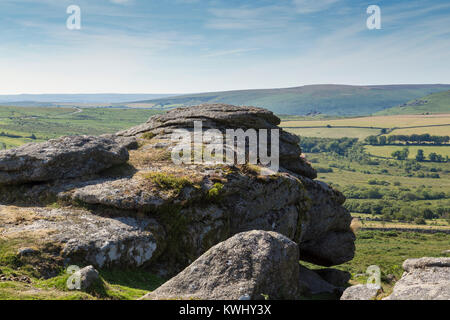 Una immagine di una formazione di roccia con una somiglianza con un volto girato sul Dartmoor Devon, Regno Unito. Foto Stock