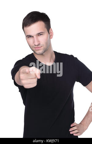 Giovane uomo punti un dito direttamente isolato su bianco Foto Stock