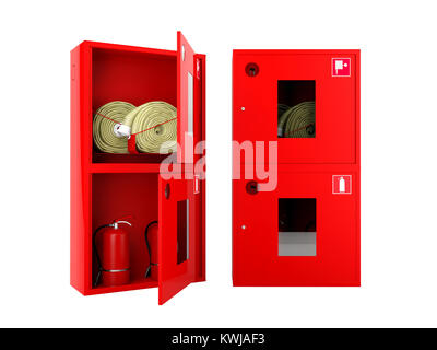 Rosso fuoco flessibile e estintore armadietti su sfondo bianco Foto Stock