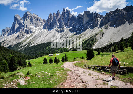 Escursioni ai Rifugi, Brogles Brogleshütte, Val di Brogles, Funes, Bolzano, Italia. Vicino a Val Gardena, Dolomiti, Italia, 2045 metri. Foto Stock