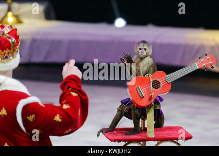 Andrey Teplygin e addestrati monkey in premiere del circus show Snow Queen dal grande circus di Mosca Foto Stock