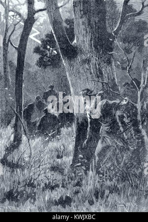 Un'illustrazione di George Roux per il romanzo di Jules Verne *César Cascabel*. L'opera raffigura scene della storia d'avventura, parte della serie *Voyages Extraordinaires* di Verne. Foto Stock