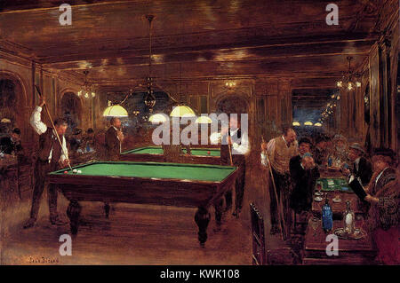 Dipinto dell'artista francese Jean Béraud intitolato "le Billard", che raffigura un'elegante scena interna parigina con figure riunite intorno a un tavolo da biliardo, caratteristica dello stile realistico sociale di Béraud alla fine del XIX secolo. Foto Stock