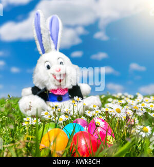 Bellissima vista di colorate uova di Pasqua con la divertente coniglietto di Pasqua in background giacente in erba in una giornata di sole Foto Stock