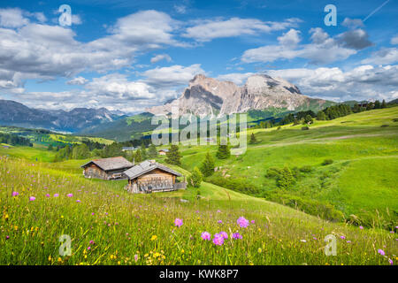 Bella vista della montagna idilliaco paesaggio di montagna con un tradizionale vecchio chalet di montagna e freschi prati verdi in una giornata di sole in estate Dolomiti Foto Stock