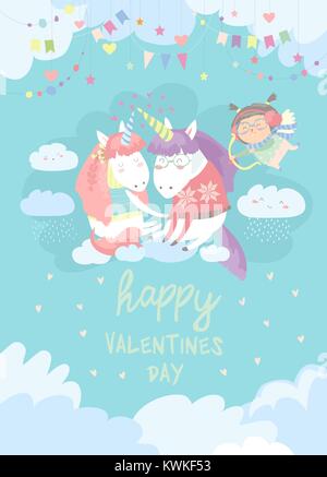 Scheda carino con fata unicorns nell'amore Illustrazione Vettoriale