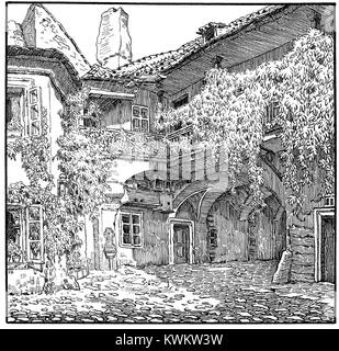 Un dipinto del 1916 dell'artista ceco Jan Honsa intitolato ve dvoře domu č. 814 V ulici U Milosrdných, raffigurante una scena di cortile a Praga con figure e architettura domestica in uno stile realista. Foto Stock